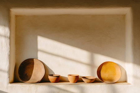 Rustic clay bowls beautifully arranged on a minimalist shelf with soft natural light, showcasing warm earthy tones and shadowsの素材