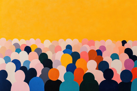 Abstract representation of diverse people in vibrant colors against a yellow background, emphasizing community and unity in a modern artistic styleの素材
