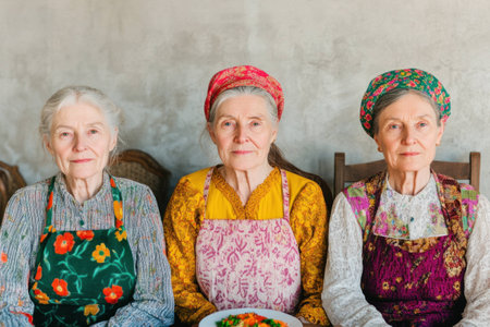 Three elderly women in traditional attire, showcasing cultural heritage with warm expressions and vibrant colors, seated against a rustic backgroundの素材