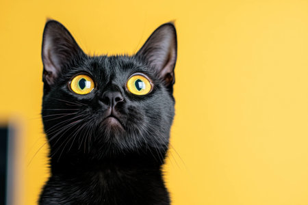 Black cat with striking yellow eyes against a vibrant yellow background, showcasing curiosity and charm Perfect for animal lovers and pet enthusiastsの素材