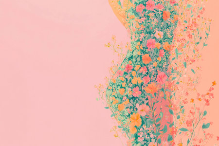 Abstract illustration of a pregnant woman surrounded by vibrant flowers, showcasing beauty, nature, and femininity, ideal for wellness and maternity themesの素材