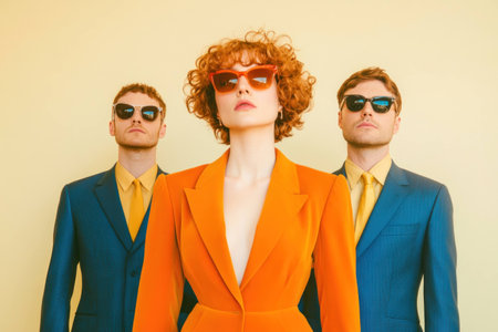 Stylish individuals in vibrant suits posing confidently against a soft yellow background, showcasing modern fashion and powerful emotionsの素材