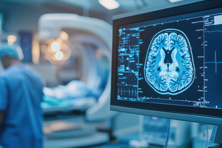 Advanced brain scan displayed on a monitor in a surgical room, highlighting neurology, healthcare, and medical technology conceptsの素材