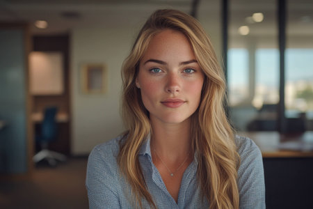 Young businesswoman with long blonde hair in a blue shirt, showcasing a confident expression in a modern office setting with soft natural lightの素材