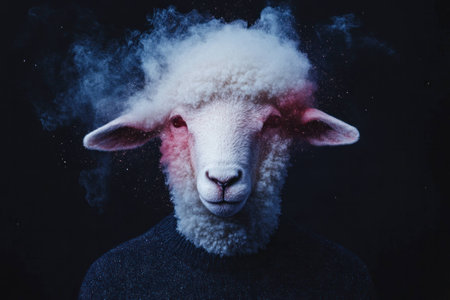 Creative portrait of a sheep with colorful smoke on a black background capturing a surreal and artistic concept of nature and animalsの素材