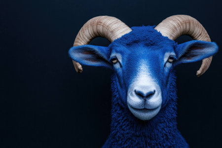 Blue sheep with prominent horns poses against a dark background, showcasing a unique and vibrant concept that captures attention with its striking color paletteの素材