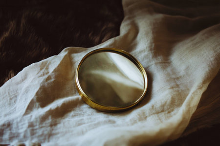 Elegant brass handheld mirror on a soft, draped fabric background, evoking a sense of luxury, femininity, and vintage style ideal for beauty or fashion conceptsの素材