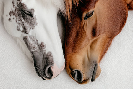 Close up of two horses heads gently touching each other, symbolizing friendship and connection, with a soft, tranquil background in pastel tonesの素材