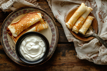 Delicious pancakes served with sour cream on a rustic wooden table, highlighting traditional cuisine and inviting textures, perfect for breakfast or dessertの素材