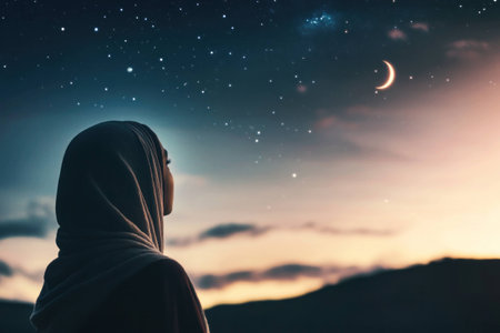 Muslim woman in a hijab gazing at the crescent moon and starry sky, symbolizing dreams, hope, and tranquility during a peaceful eveningの素材