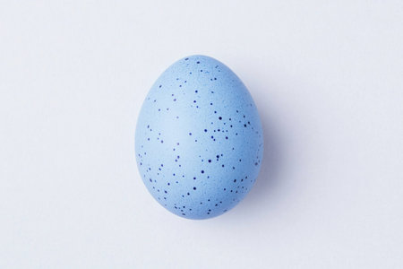 Beautifully speckled blue egg on a soft gray background, symbolizing nature and spring, perfect for Easter and seasonal decorationsの素材