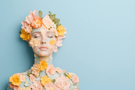 Artistic body painting with floral decorations on a model s face and body, depicting beauty and nature, featuring pastel colors and serene expressionの素材