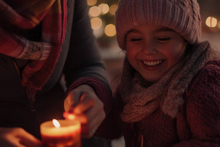 A joyful young girl lighting a candle during the festive winter season, wearing a warm hat and scarf, surrounded by soft, glowing lightsの素材
