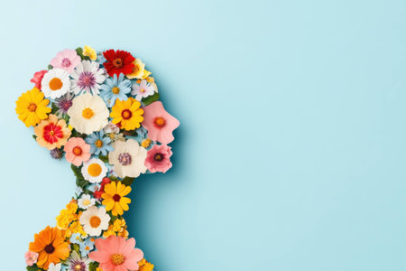 Feminine silhouette created from colorful flowers representing beauty, nature, and growth, on a soft blue background, evoking feelings of happiness and serenityの素材