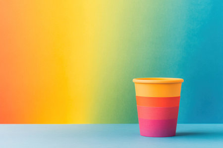 A vibrant stack of colorful cups against a gradient background, showcasing a range of hues from yellow to orange and pink, ideal for concepts of creativity and joyの素材
