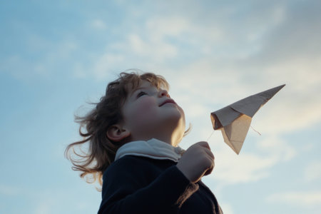 Child with paper airplane looking up at the sky, capturing the innocence and joy of childhood in a serene outdoor setting with soft clouds and natural lightの素材