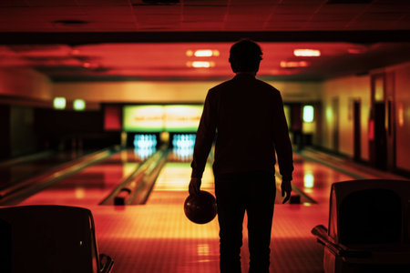 Silhouette of a bowler preparing to throw a bowling ball in a dimly lit bowling alley, evoking anticipation and focus in a vibrant red ambianceの素材