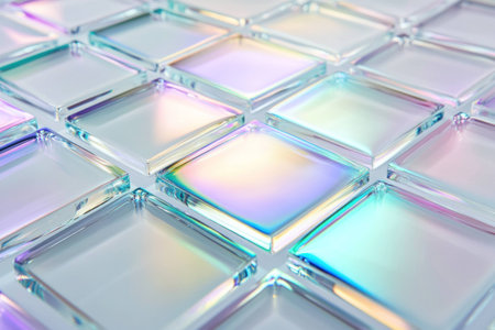 Abstract glass tiles with iridescent colors on a soft white background, creating an elegant and modern aesthetic for interior design elementsの素材
