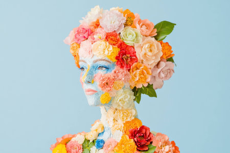 Woman adorned with colorful flowers, exuding beauty and elegance against a soft blue background, showcasing a vibrant floral concept and an emotional, serene expressionの素材