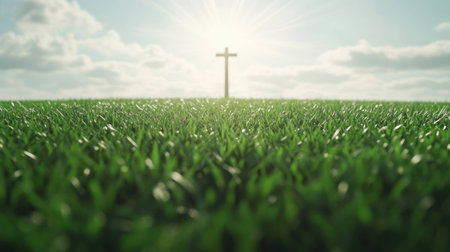A serene landscape with a cross standing on lush green grass, under a bright sky showcasing the theme of faith, hope, and spiritualityの素材