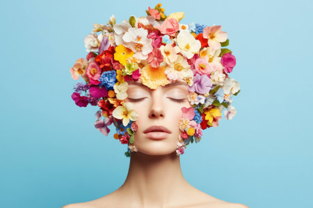A serene model with a floral headpiece made of vibrant flowers against a soft blue background, embodying beauty and creativity in a contemporary artistic styleの素材