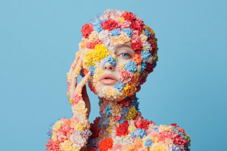 A vibrant portrait of a model covered in colorful flower decorations, showcasing a creative and artistic expression of beauty, emotion, and natureの素材