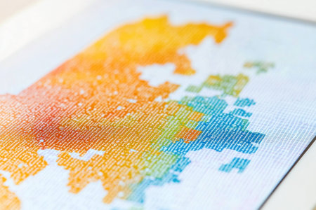 Abstract colorful map design with vibrant hues of orange and blue, representing global connections and modern aesthetics in spatial data visualizationの素材