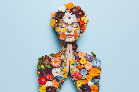 A serene model adorned with vibrant flowers, embodying nature s beauty and harmony in a soft blue background, perfect for wellness and eco friendly conceptsの素材