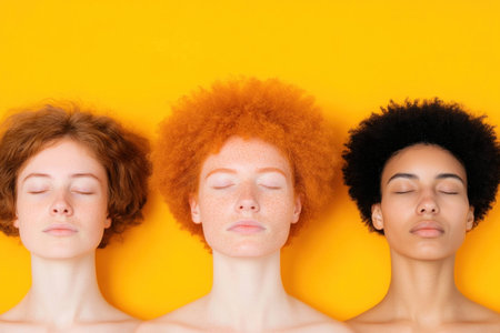 Three diverse models with natural curly hair and closed eyes, expressing tranquility against a vibrant yellow background, reflecting unity and peace in beautyの素材
