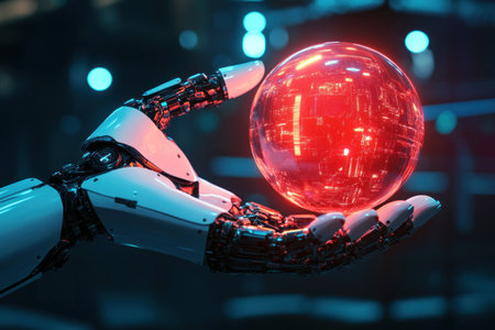 Futuristic robotic hand holding a glowing red orb, symbolizing technology and innovation in a cyberpunk setting with a vibrant blue backgroundの素材