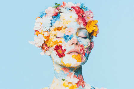 A young woman with a serene expression, her face adorned with vibrant flowers against a soft blue background, embodying the concept of natural beauty and creativityの素材