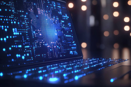 Close up of a modern laptop with illuminated keyboard and high tech circuit board design, showcasing advanced technology and futuristic aestheticsの素材