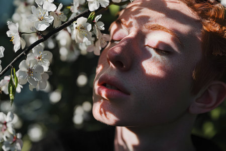 A serene portrait of a young individual with freckles, featuring red hair, surrounded by delicate white flowers, capturing a tranquil moment in natureの素材
