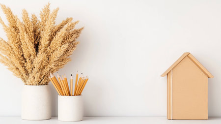 Minimalistic home decor with dried flowers, pencils, and a wooden house in neutral colors, representing modern lifestyle and tranquilityの素材