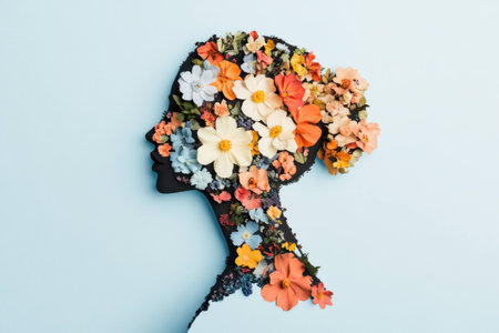Artistic portrait of a woman with flowers representing femininity, beauty, and nature, showcasing vibrant colors and emotional depthの素材
