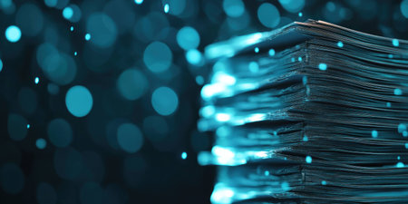 Abstract stack of documents illuminated by blue bokeh lights, representing digital transformation and modern technology in the workplace, ideal for creative projectsの素材