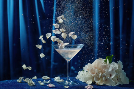 Elegant cocktail with floating rose petals in a glass, reflecting a festive atmosphere and sophisticated mood, ideal for celebrations and special eventsの素材
