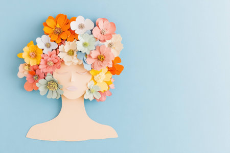 Beautiful paper art portrait of a woman with a floral hairstyle against a light blue background, symbolizing spring and natureの素材