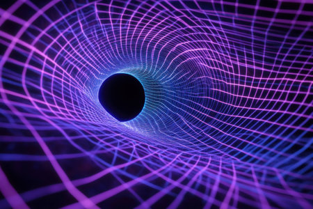 Abstract neon tunnel with vibrant purple and blue lines creating a mesmerizing visual effect, perfect for tech or sci fi themesの素材