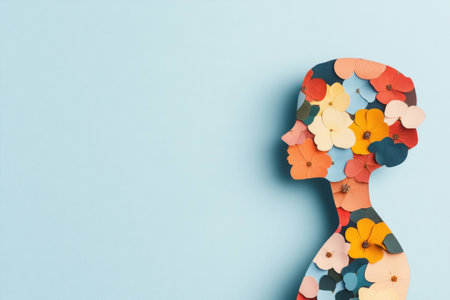 Abstract silhouette of a girl made of colorful flowers on a light blue background, symbolizing femininity, creativity, and nature, perfect for artistic and wellness themesの素材