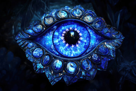 Mystical blue eye with intricate gem details, symbolizing insight and perception, glowing against a dark background, creating a striking contrast and enchanting atmosphereの素材