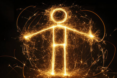 Sparkling human figure created with light sparks, symbolizing energy, creativity, and movement in a dynamic and vibrant atmosphereの素材