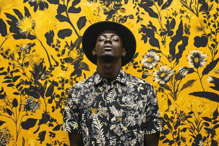 Portrait of a stylish African man in a floral shirt against a vibrant yellow botanical background, exuding confidence and charisma in a trendy summer fashion lookの素材
