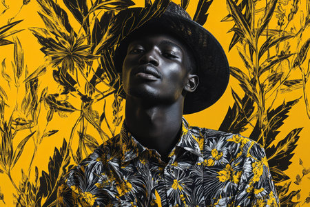Stylish male model with a confident expression wearing a floral shirt and hat against a vibrant yellow tropical backgroundの素材