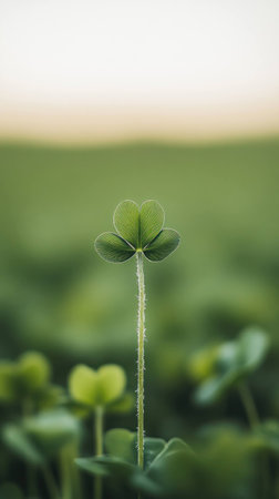 Single green clover against a blurred background of lush greenery, symbolizing nature s resilience and good fortune, perfect for wellness and positive living themesの素材