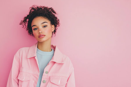Young woman with curly hair in a pink jacket, expressing calmness against a soft pink background, ideal for concepts of self confidence and youthの素材