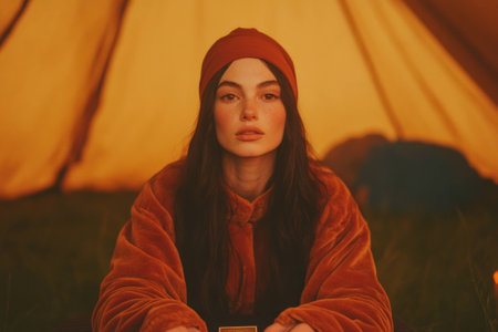 Young woman in warm orange clothing sitting in a tent, conveying calmness and introspection, perfect for autumn outdoor lifestyle themesの素材
