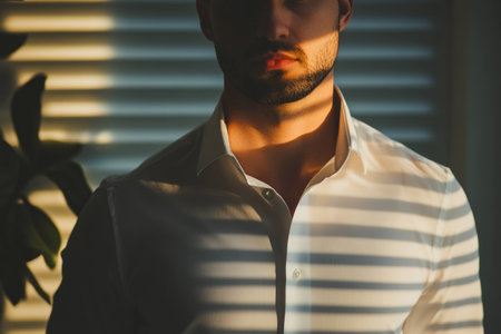 Man in a white shirt with shadows on his face, evoking a sense of mystery and contemplation, surrounded by green plants, creating a serene indoor atmosphereの素材