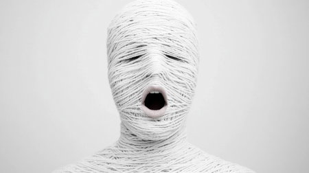 Abstract figure wrapped in white thread, conveying emotions of struggle and confinement against a minimalistic background Unique art concept focusing on isolation and expressionの素材