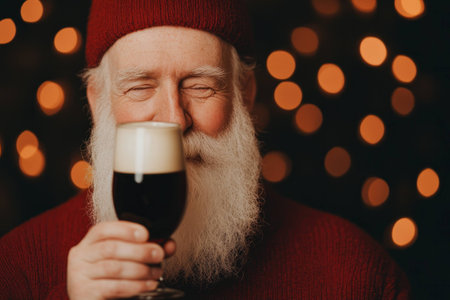 Cheerful Santa Claus holding a glass of dark beer, smiling with a festive background of warm lights, perfect for holiday celebrationsの素材